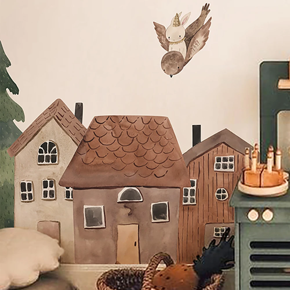 작은 마을 벽 데칼 동물 비닐 북유럽 스타일 벽 스티커 유치원 침실 키즈 룸 홈 아트 장식을위한 껍질과 스틱