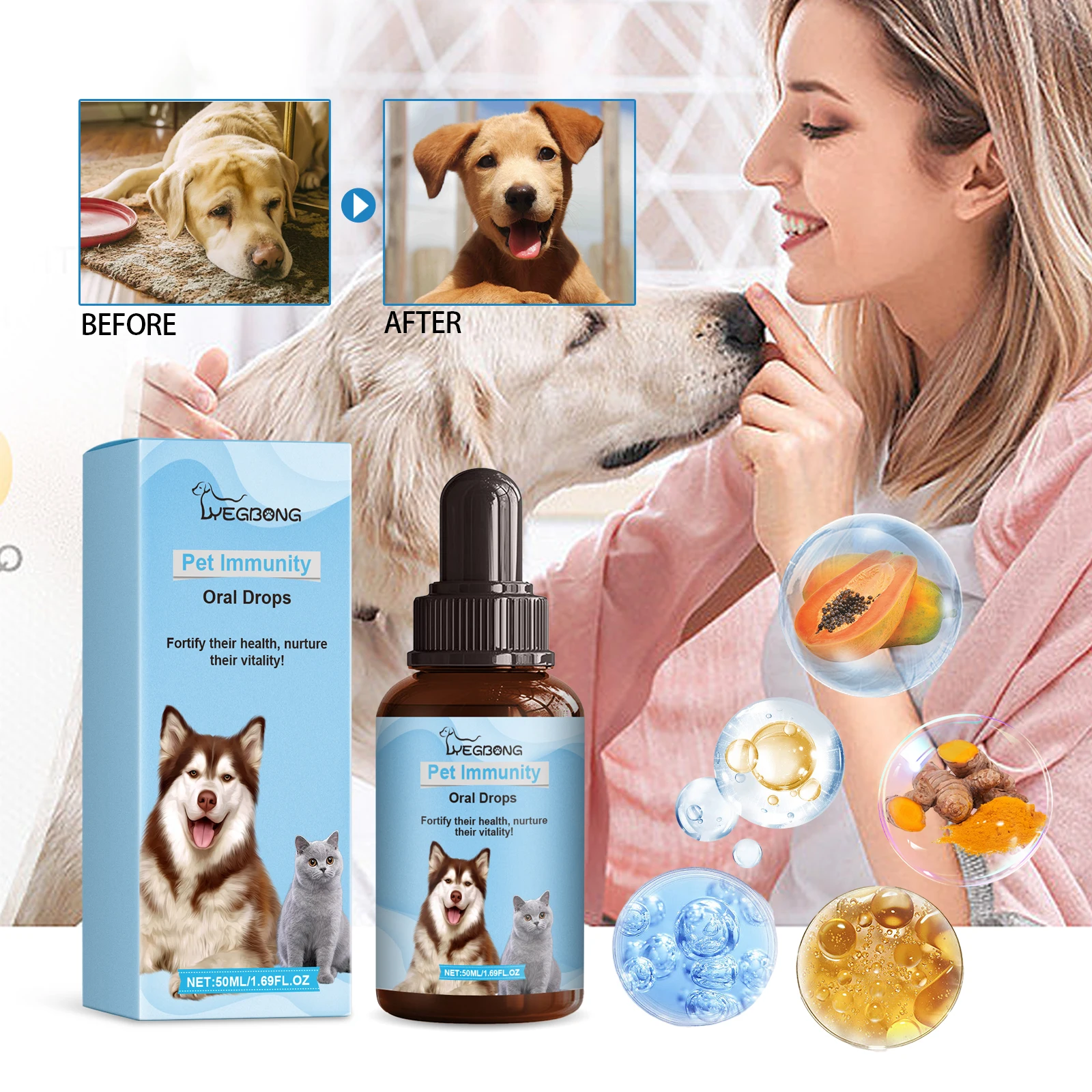 50ml /1.7oz Pet Mood Relaxation-Immune Oral Drops, Skin Supplement For Dogs And Cats,-Contains Papaya Extract