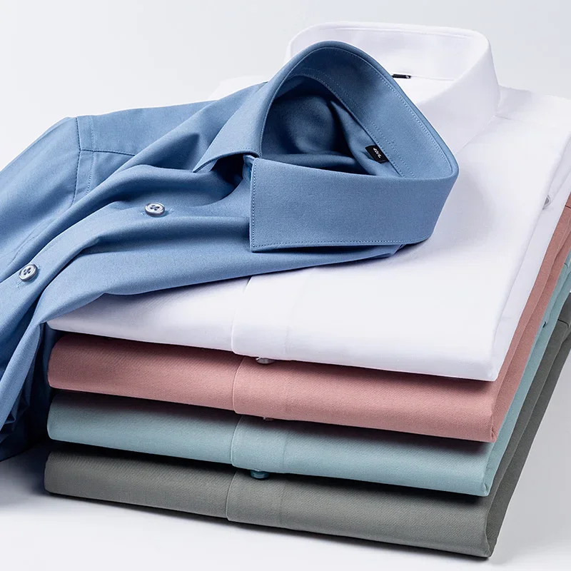 Luxury quality silk elastic short sleeve shirts for men slim fit formal shirt anti-wrinkle free solid color houndstooth clothes