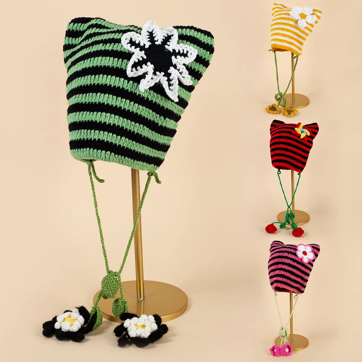 

Y2K Japanese Retro Hollow Flower Hand-knitted Striped Beanie Hat Women Autumn Winter Sweet Wool Hat Flower Decoration Beanies