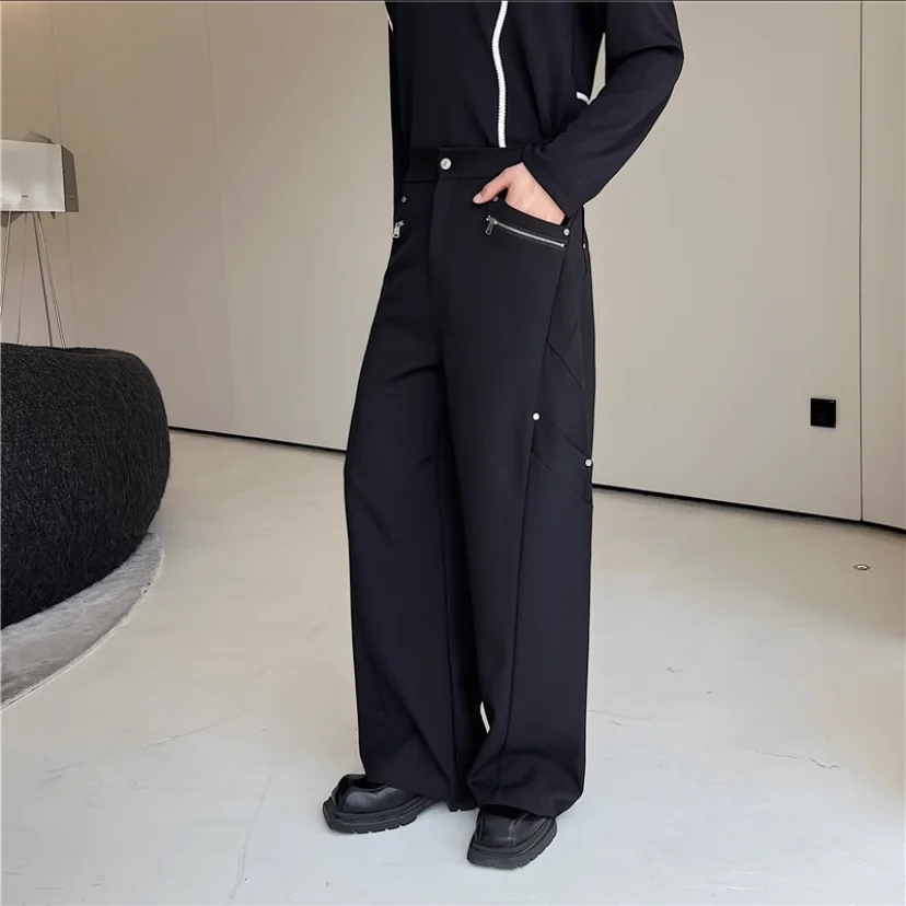 2023 autumn high-grade wide-leg suit pants men's niche zipper splice design sense Korean version of plankton straight pants