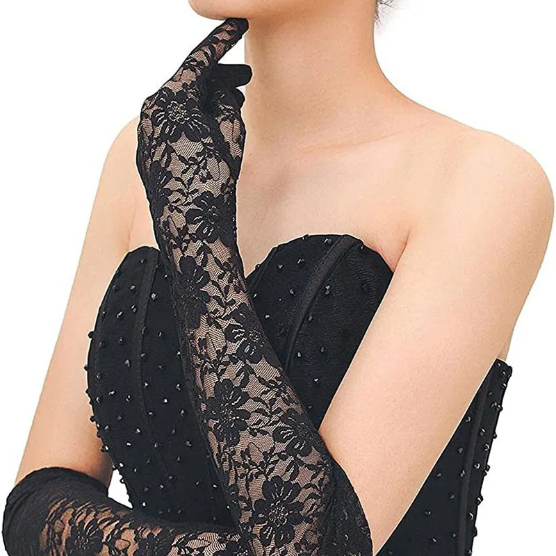 40cm Black White Y2 Cosplay Gloves Sexy Elasticity Transparent Lace Mesh Gloves Summer Fashion Elegant Women Long Driving Gloves