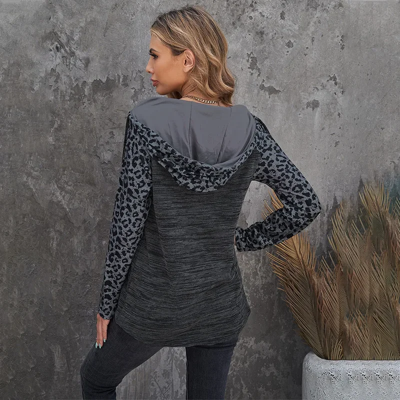 Women Sweatshirts Casual Hooded Collar Loose Pocket Pullover 2024 Spring Autumn Fashion Leopard Patchwork Long Sleeve Lady Tops