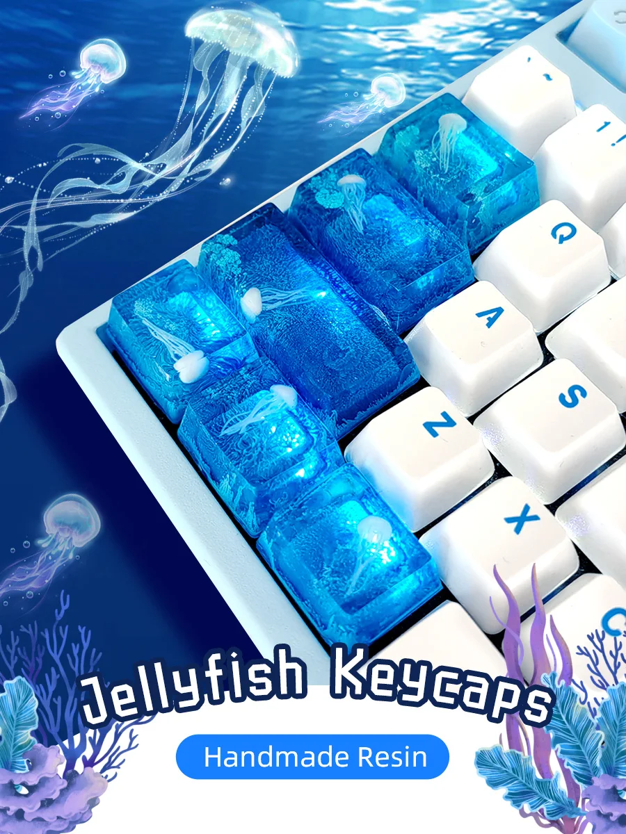 Jellyfish Key Cap Handmade Cristal Transparente Oceano Espuma Azul Bonito Função Posição Chave Teclado Mecânico Chave Cap Esc Tab