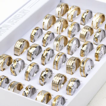 Commercio all'ingrosso 24 pz/lotto moda di alta qualità striscia in acciaio inossidabile oro argento placcato anelli gioielli per le donne uomini mix stile partito