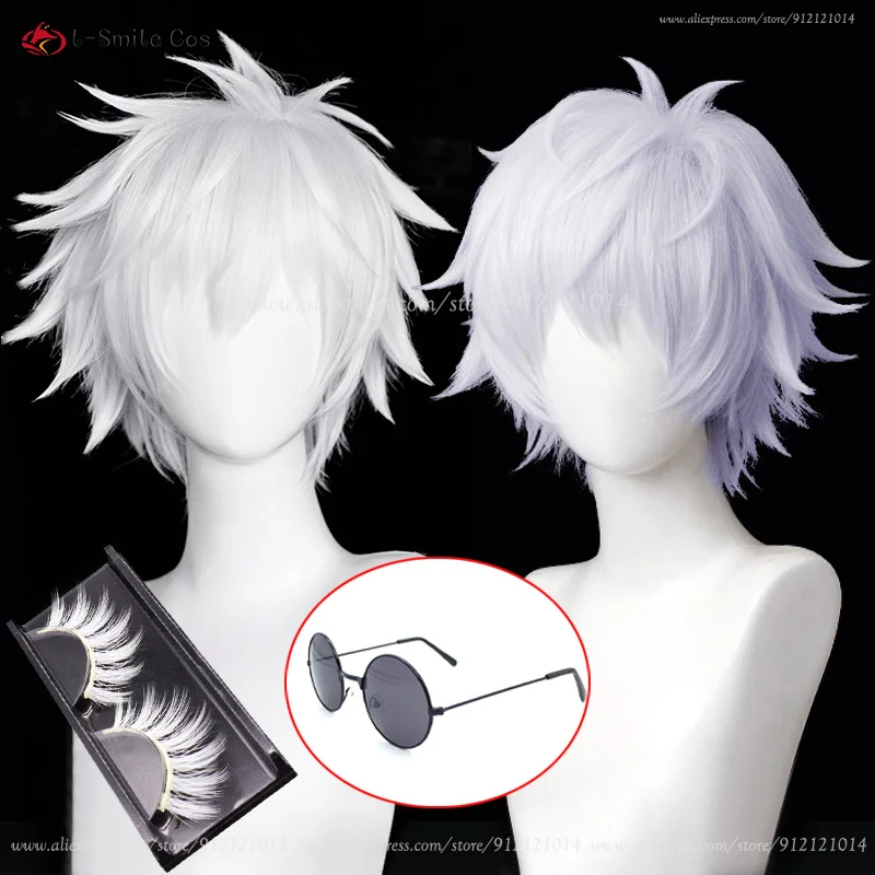 Gojo Satoru Anime Short Cosplay Wig, Cabelo resistente ao calor, Óculos, Adereços, Boné, Branco, Roxo claro, Tipo 2 Cor