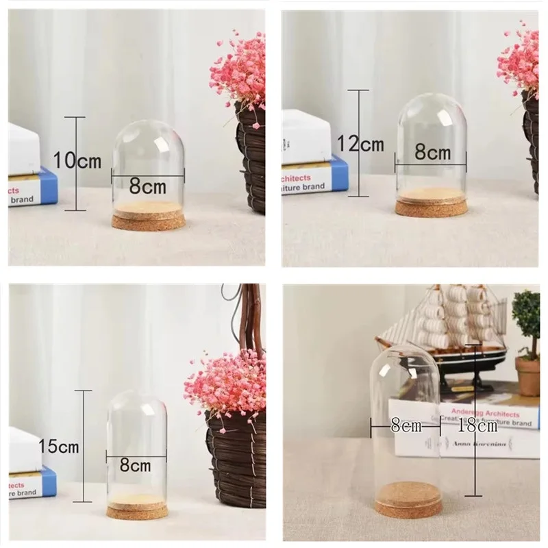 50pcs Dia 8cm Modern Handcraft Glass Dome Cover Dry Flower Vase With Wood Cork Base Landcrape Figurines Model Display Artwork