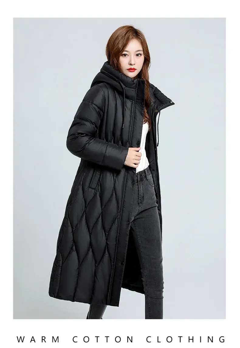 New Oversized Women's Down Cotton Coat Winter Cold Warm Padded Jacket Long Female Casual Hooded Parker Cotton Clothes Black 7XL