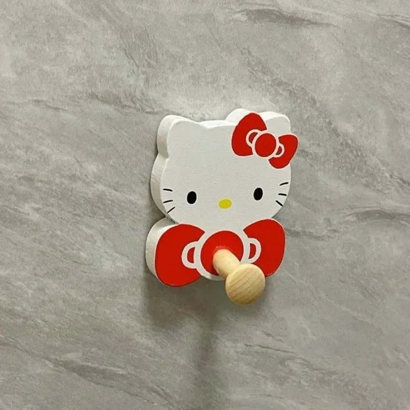cartoon HelloKittys Strong Self Adhesive Hooks Wooden Strong Sticky Clothes and Hat Kawaii Wall Decoration Hook Key Storage Hook 2