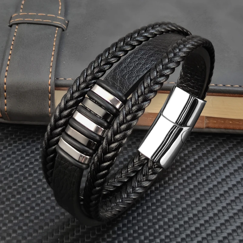 Charm Design Men&rsquo;s Leather Bracelet Stainless Steel Magnet Bangle bracelet jewelry