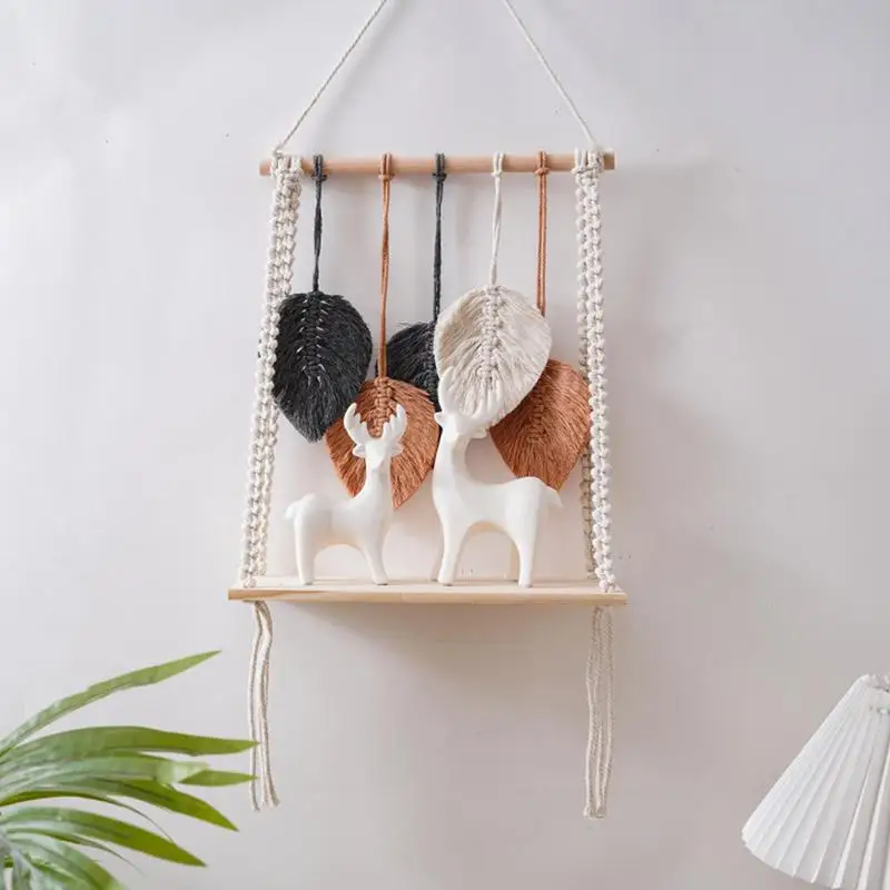 

Floating Shelves Wood Stand Boho Macrame Tapestry Wall Hanging Shelf Rope Woven Plant Hanger Decor Display Stand Bedroom use