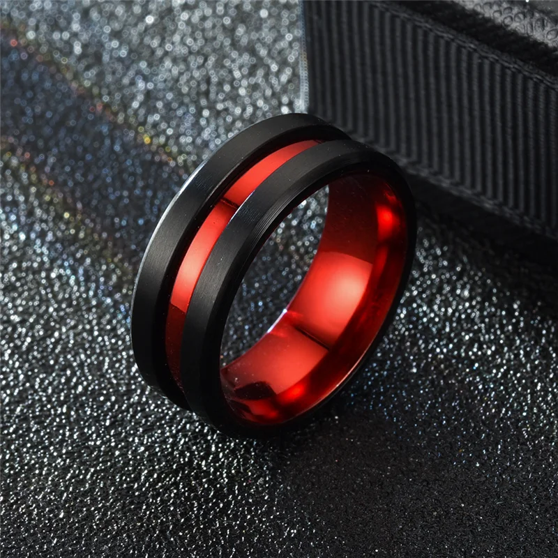 Stainless Steel Rings 8mm Red Groove Beveled Edge for Male