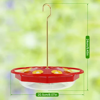 A red hummingbird feeder with a gold metal hook, showing its dimensions: 24cm/9.45in in height and 20.5cm/8.07in in width