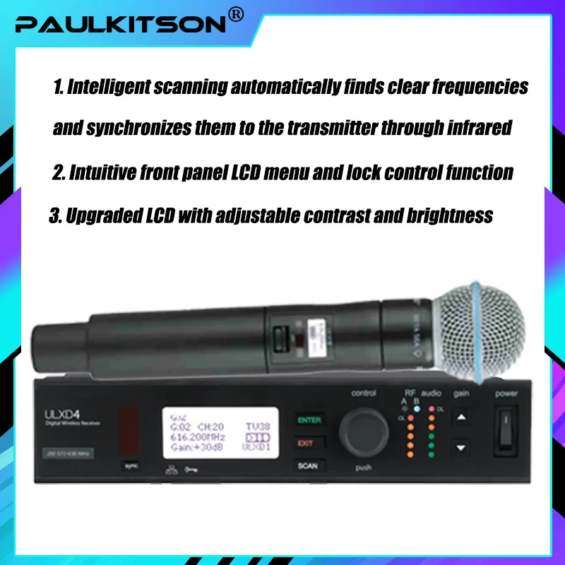 PAULKITSON ULXD4 전문 디지털 무선 마이크 시스템 핸드헬드 헤드셋 라발리어 572-820MHz 무대용 KTV