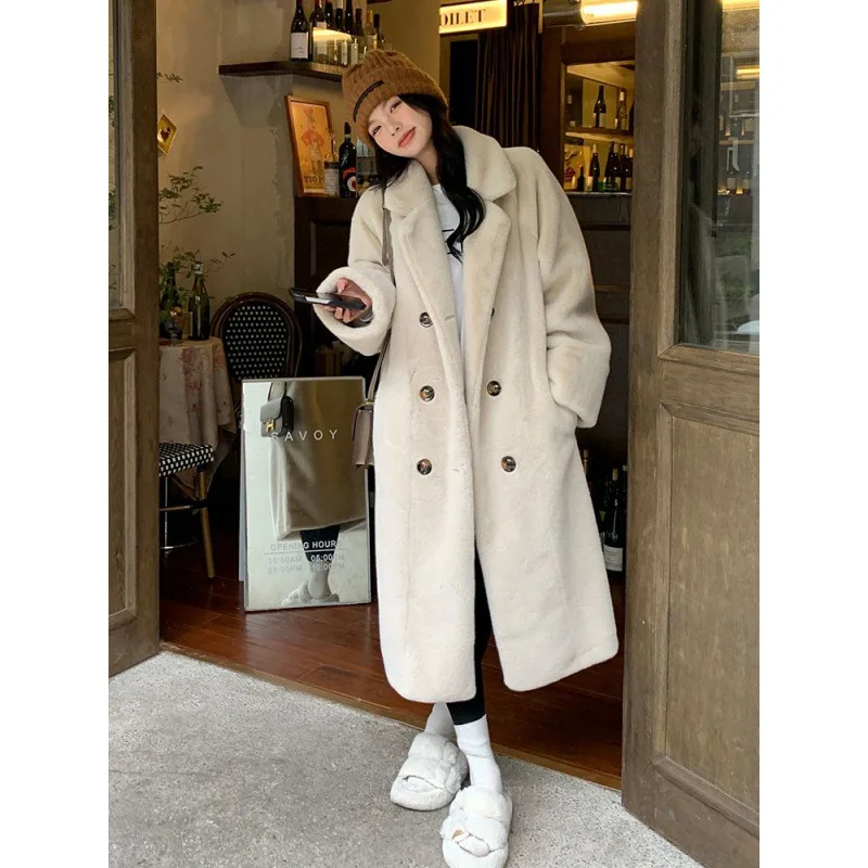 

Women Leather Imitation Mink Velvet Long Loose And Thickened Fur Integrated Suit Collar Leather OverCoat Warm Female Plush Coats