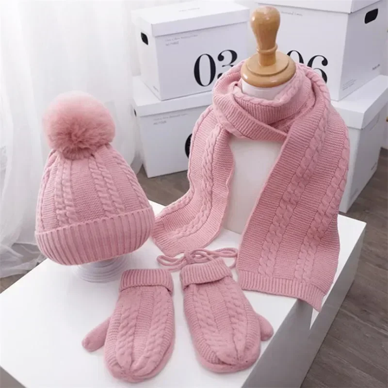 Children's Knitted Pompom Beanies Hat and Scarf Set Kids Hats and Scarfs Glove Solid Suit Warm Cap Boys Girls Winter 1-5T