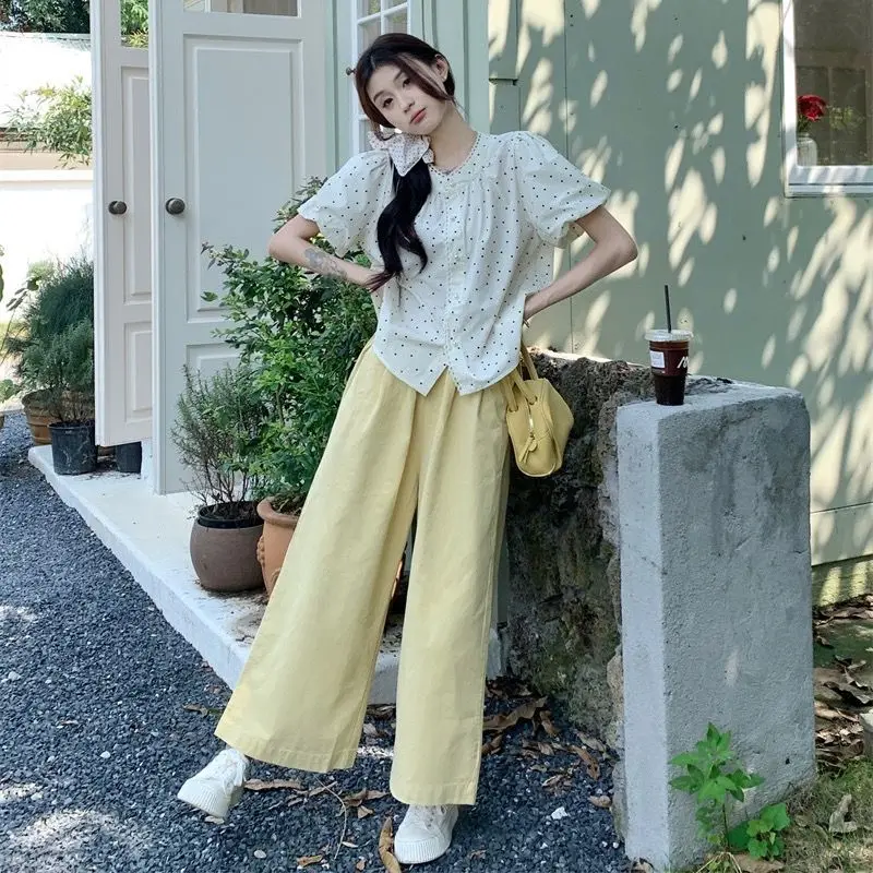달콤한 신선한 레이스 트림 폴카 도트 탑 와이드 레그 팬츠 코튼 긴팔 한국 스타일 캐주얼 패션 여름 신상품