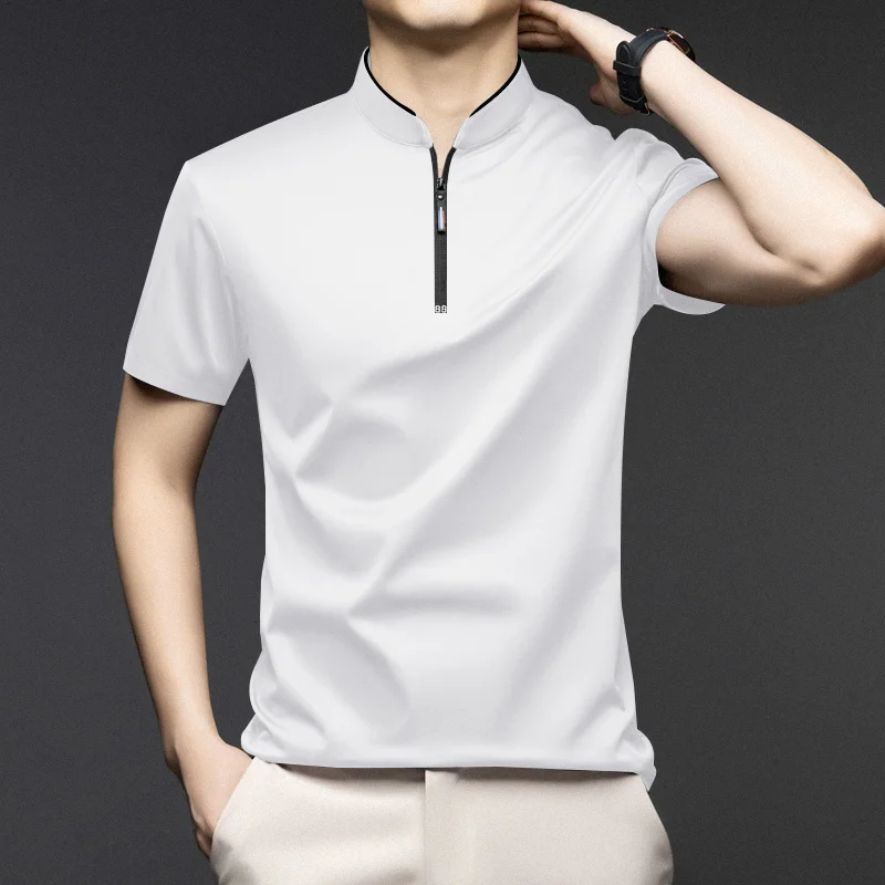 Lässiges, modisches Herren-Poloshirt mit Reißverschluss, einfarbig, kurzärmelig, Stehkragen, vielseitiges, bequemes Oberteil – Detail 19
