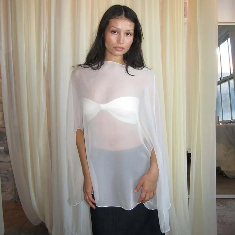 Hugcitar Chiffon Langarm-Oberteil mit Schlitz, Einfarbig, Sexy, Durchsichtig, Übergroßes Langes Smock-Top, Frühjahrsmode 2026, Strand-Outfit für den Urlaub – Detail 13