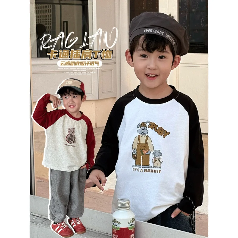 

Korean Children's Long SleeveTSpring T-shirt2024New Girls' Raglan Sleeve Cartoon Top Boys' Bottoming ShirtAis