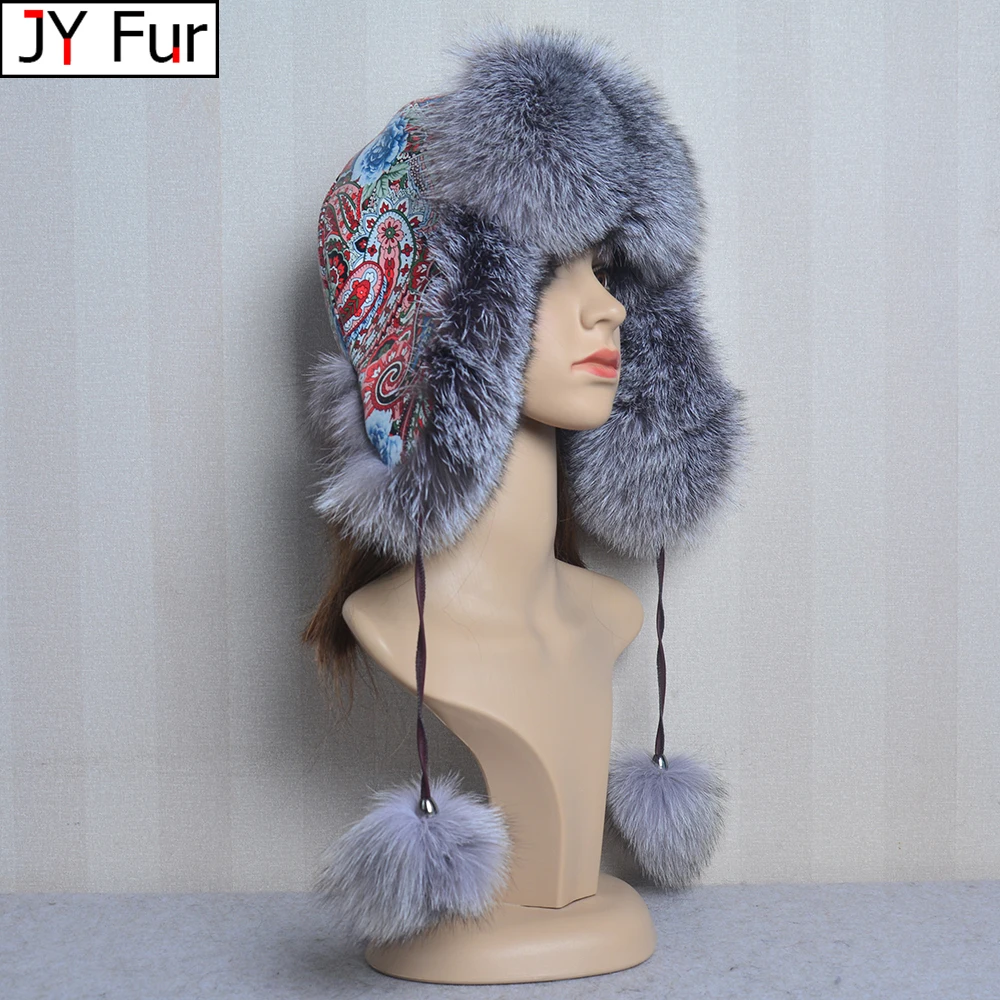 Quality Silver Blue Fox Fur Snowboard Cap Winter Sheep Leather Hat with Ears PomPom Flower Print Women's Fur Hats for Winter