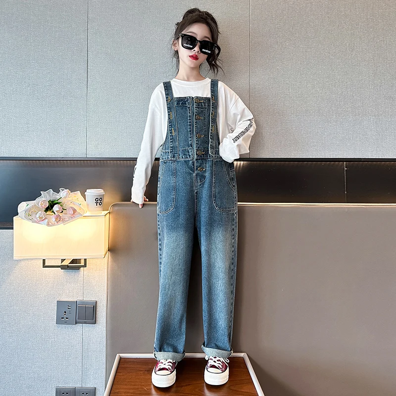 

Girls Loose Straight Single Breasted Suspenders Denim Overalls Teen Jeans 2023 Autumn New Art Retro Streetwear Pocket Jumpsuit