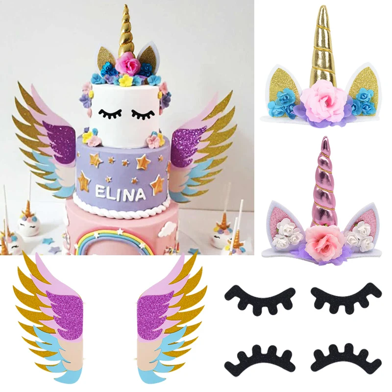 Rainbow Unicorn Horn Cake Toppers Unicorn Eyelashes Cupcake Topper For Wedding Kids Birthday Party Baking Cake Decor Baby Shower