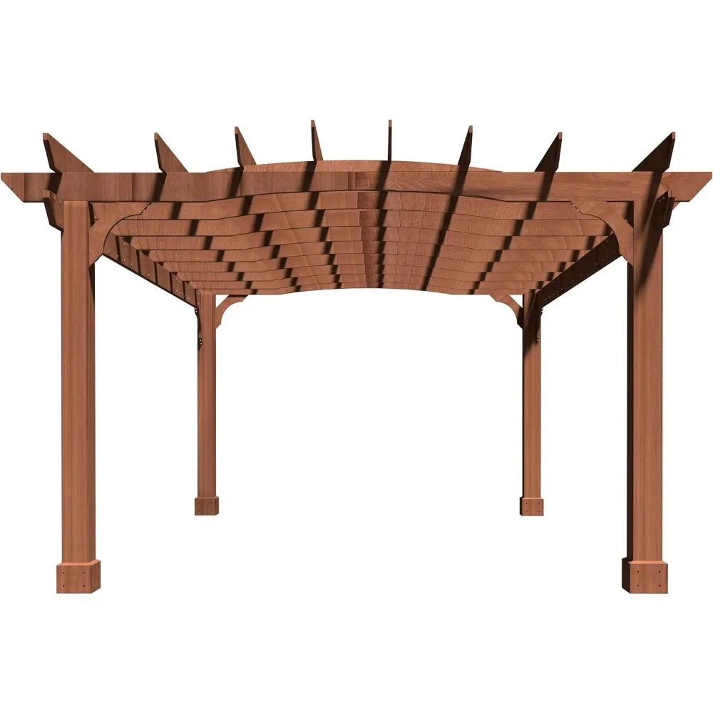 12x14 FT Wooden Pergola, Cedar Wood Gazebo with Arched Roof, Outdoor Garden Shelter with Stakes Included, Patio, Backyard, Lawn