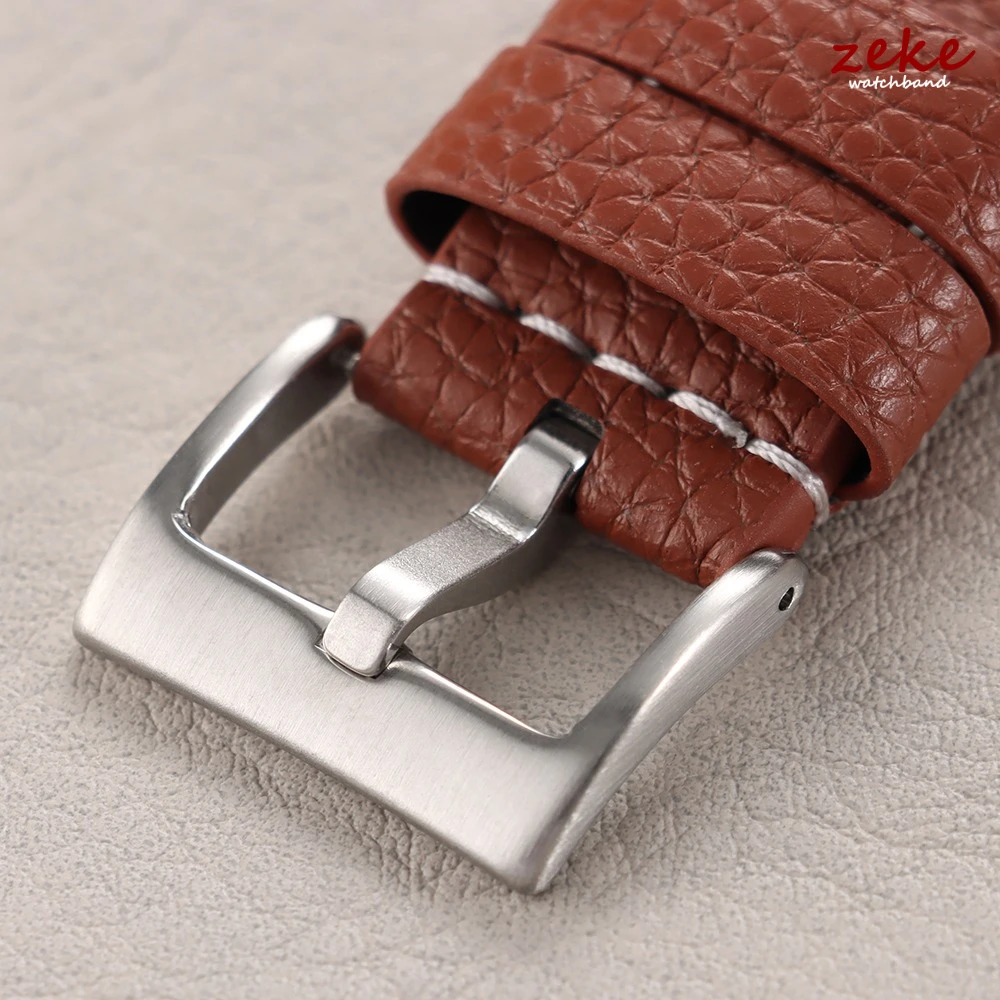 Luxury Lychee Pattern Leather Watch Band - Brown Bracelet with Elegant Stitching