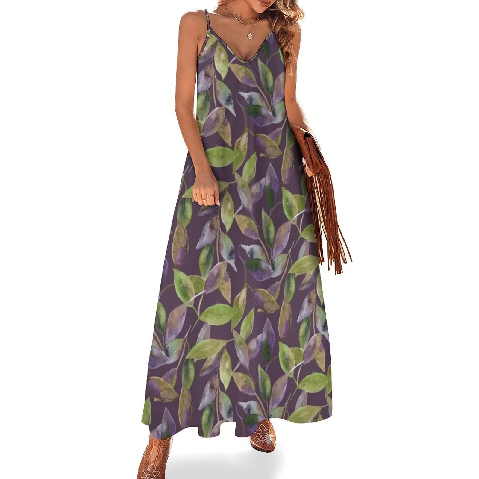 

Green and Purple Colorful Leaves Sleeveless Dress long sleeve dresses loose women's dress summer dress women 2024 Dance dresses