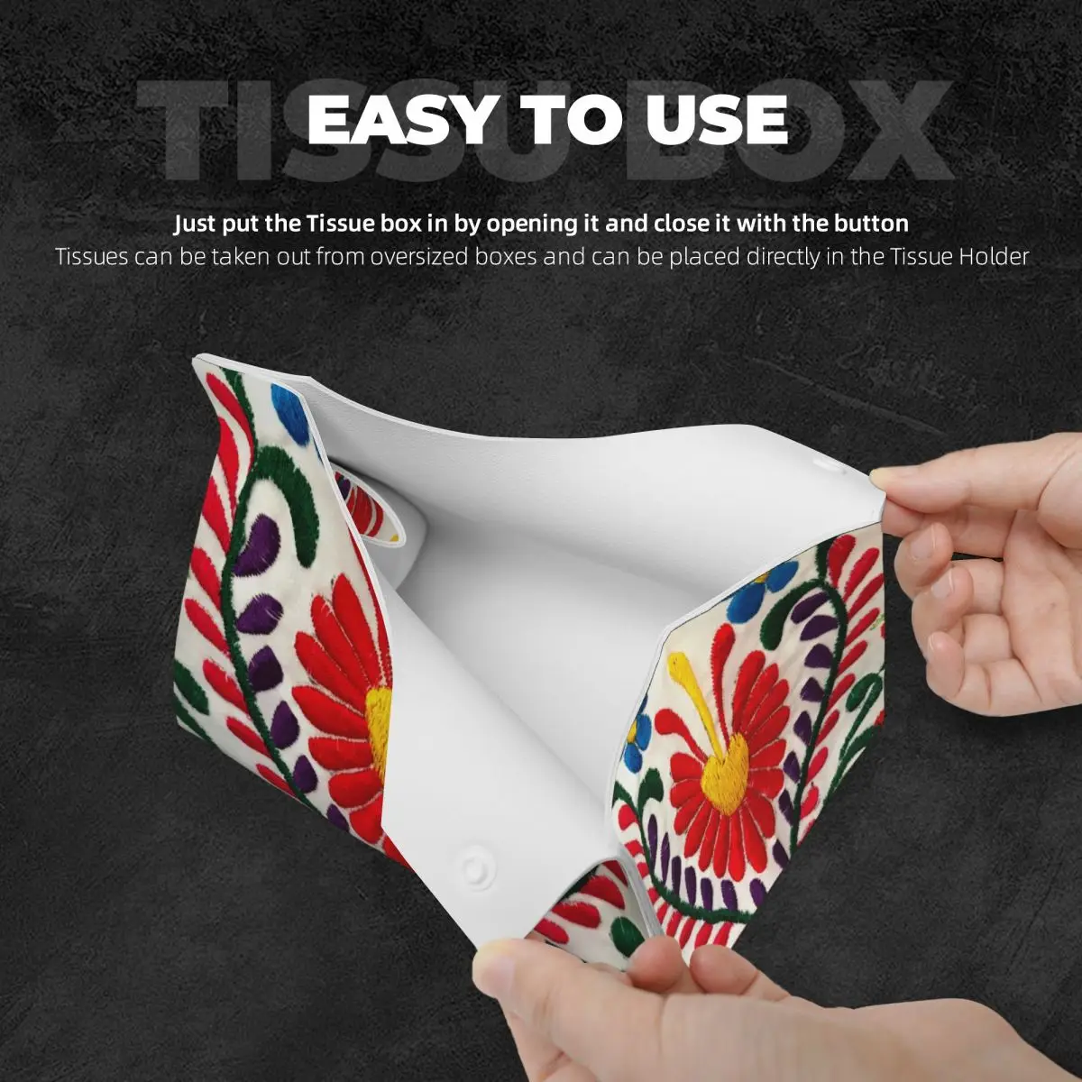 Custom Mexican Flowers Art Tissue Box Cover for Bathroom Car Textile Embroidery Rectangular PU Leather Facial Tissue Box Holder 4