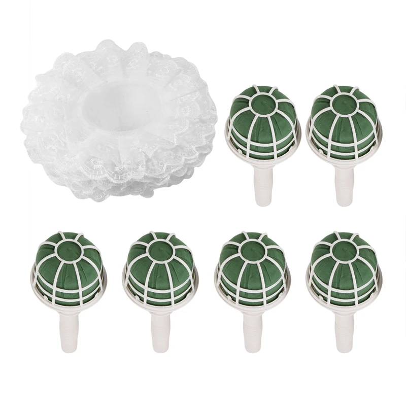 A85Q-6 Wedding Bridal Bouquet Holder Handles With 6 White Lace Collar Flower Holders