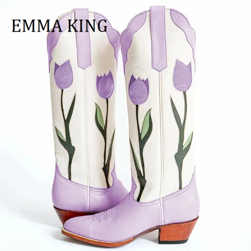 

Women Tulips Detail Western Cowboy Boots Elegant Flower Decor Chunky Heels Cowgirl Boot Ladies Slip On Mid Calf Knight Boots 44