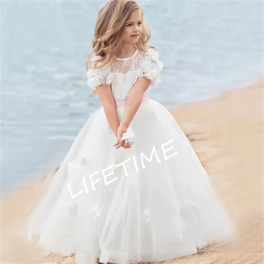 

Cheap Lace Flower Girl Dresses 3D Appliques Tulle For Wedding First Communion Kids Birthday Party 2-14 Years 2023