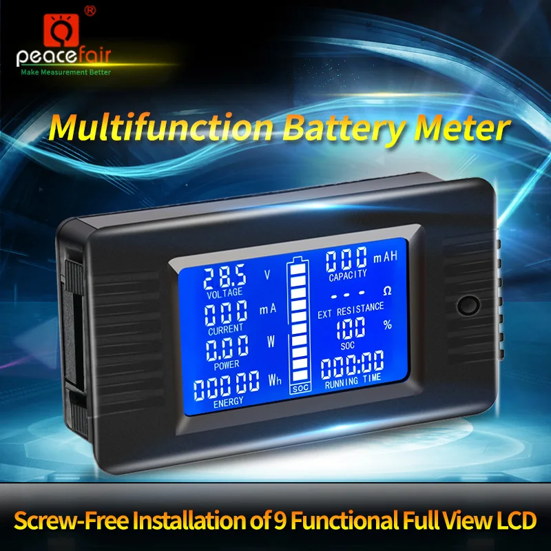 Peacefair Universal Lithium Battery LCD Indicator Capacity Tester Power Energy Impedance Resistance Meter 300A Small Shunt 5