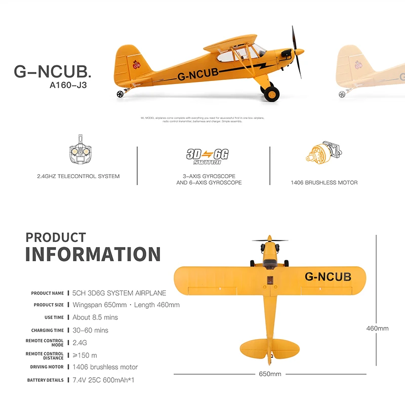 오리지널 WLtoys A160 RC 비행기 업그레이드 J3-CUB 5CH 원격 조종 비행기 3D/6G A-축 1406 브러시리스 모터 야외용 폼 항공기
