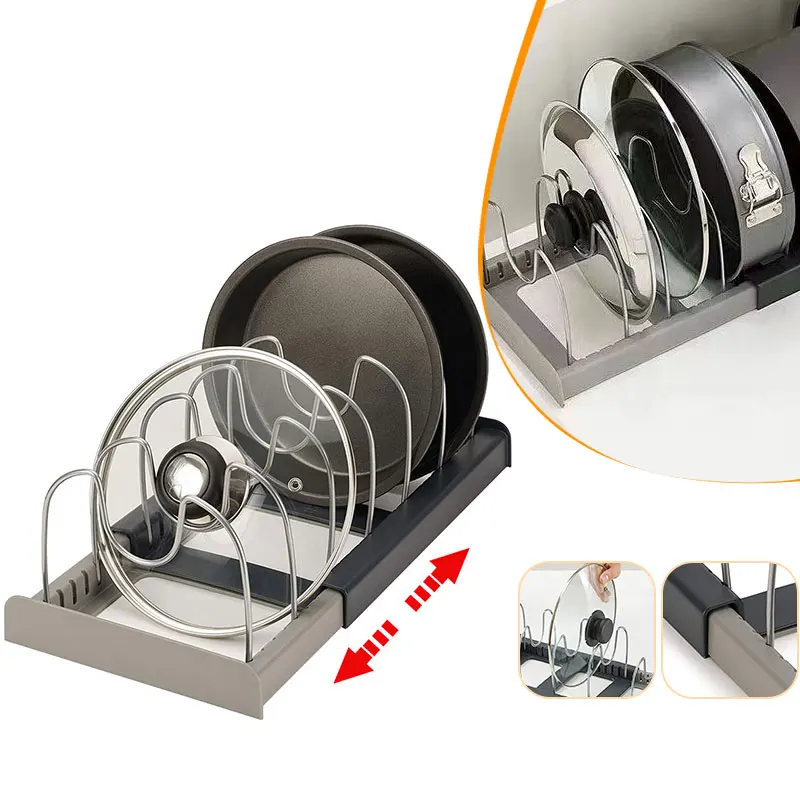 Expandable Pot and Pan Organizers Rack Holder Kitchen Cabinet Pantry Bakeware Organizer Rack 6 Adjustable Compartments