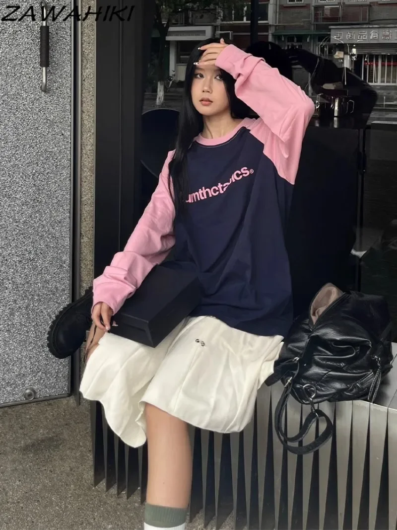 

American Casual Patchwork Contrast Color Loose Letter Print Oversize T Shirt Women Fashion Vintage Lovers O-neck Streetwear