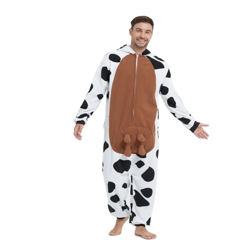 Adult unisex animal cow cosplay game costume kigurumi men one piece pajamas halloween christmas party hooded cartoon pajamas