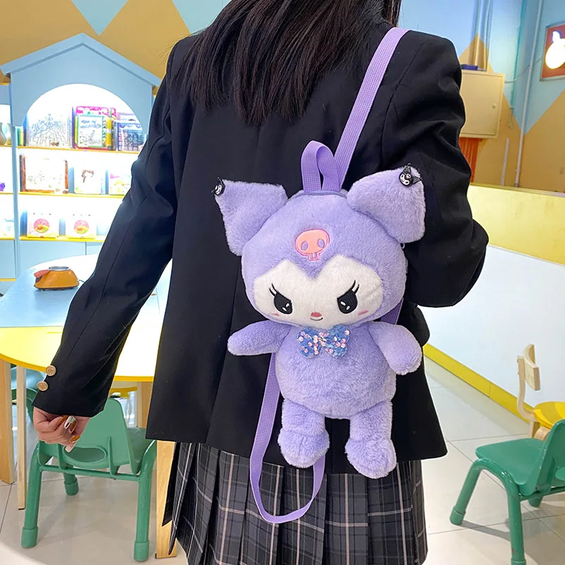 

Korean Version of Cute Sanrio Plush Backpack Kawaii Soft Kuromi Student Backpack Cartoon Shoulder Bag Birthday Gifts for Kids