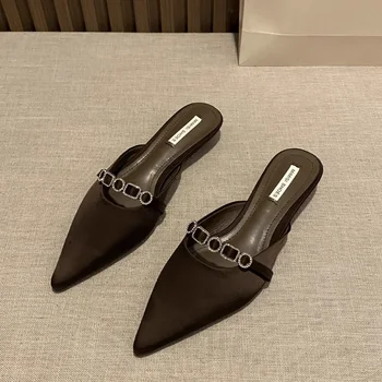 2025 New Luxury Fashion Rhinestones Ladies Heeled Slippers Sandals Shoes Female Low Heel Slides Slippers Shoes for Women Mules 1