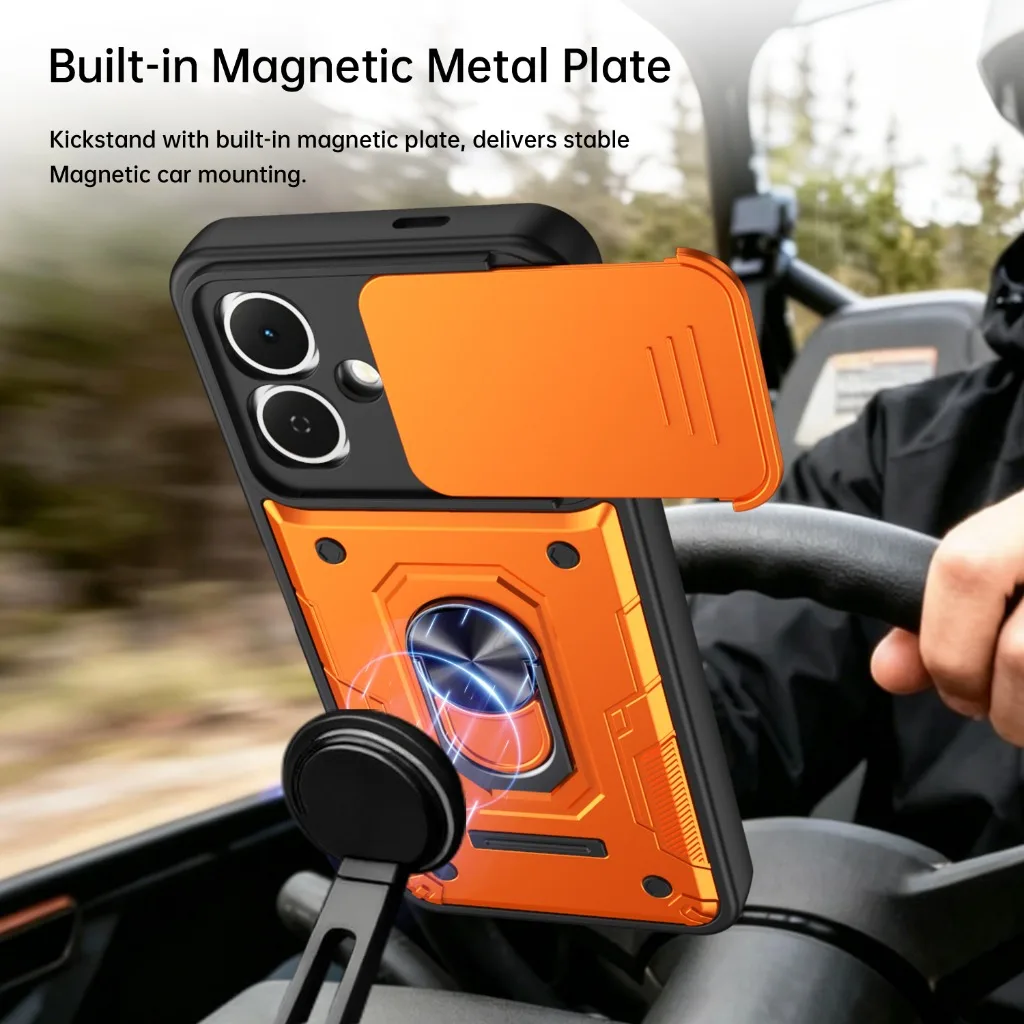 Shockproof Armor Phone Case with Slide Camera Protection and 360° Ring Holder Cover