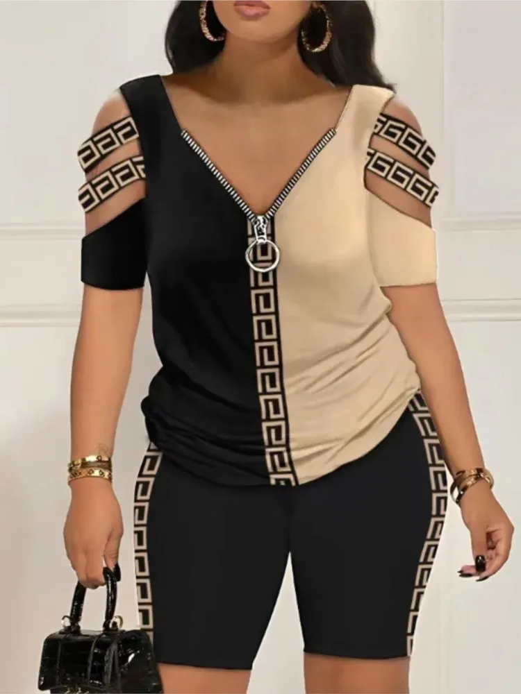 Woman Outfit Summer Casual Fashion Sexy Hollow Out T Shirt And Shorts 2 Piece Sets Print T Shirts Two Piece Set For Women New