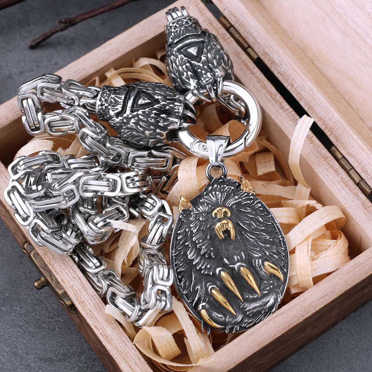 Viking Wolf Head Pendant Bear Claw Rune Set Necklace Men Vintage Hip Hop Chain Amulet Viking Jewelry Christmas Gift Dropshipping
