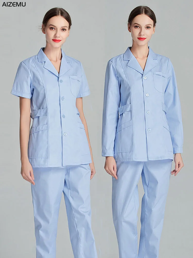 Blue Long Sleeve Scrubs Top Nurse Uniforms Lab Coat Doctor Uniform for Women Outwear Medical Clothing Beauty Salon workwear nurse scrubs top