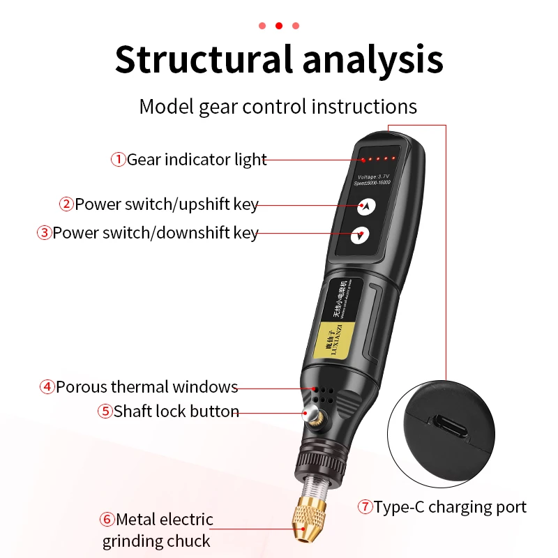 Luxianzi-ワイヤレス電気ドリル,USB彫刻機,木工,翡翠彫刻,グラインダー