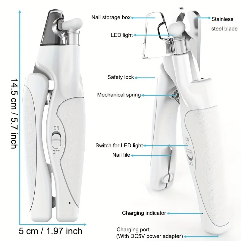 LED Pet Nail Clippers Cat and Dog Scissors with USB Charging with File Anti-Nail Splash