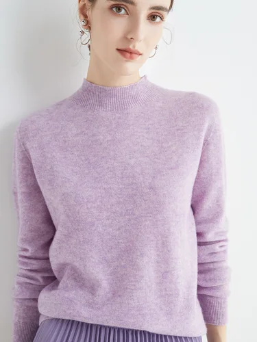 여성용 단색 모크넥 풀오버 스웨터, 100% 메리노 울, 캐주얼 캐시미어 니트웨어, 여성 의류, 기본 상의, 가을 겨울 2