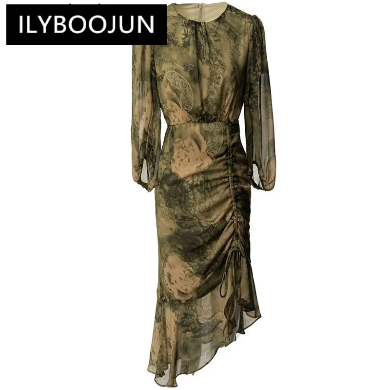 

ILYBOOJUN Fashion Designer Summer Vintage Print Dress Women's O-Neck Lantern Sleeve Folds Asymmetrical Dresses