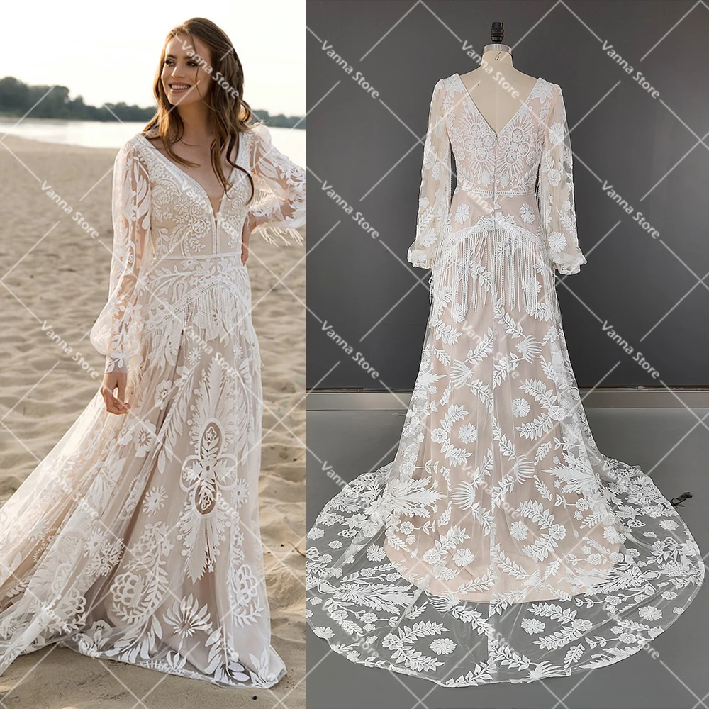 Fodera Champagne stile spiaggia Appliques pizzo decorazione abito da sposa illusione bottoni dietro spazzare strascico abiti da sposa 2025